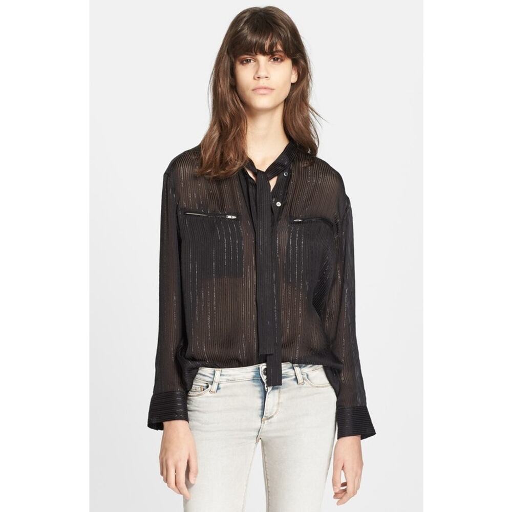 IRO Knox Metallic Stripe Silk Blouse/ Tunic, Black, Sz FR 36/ US 4